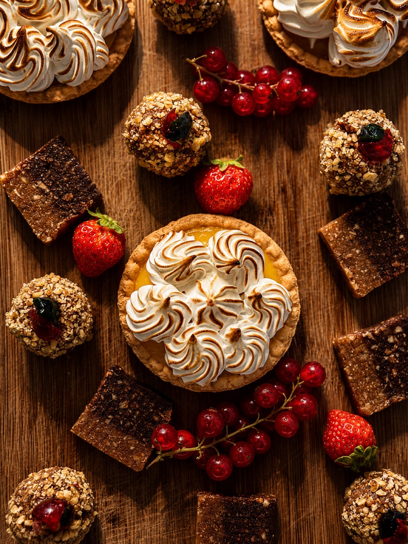 Citroenmeringue-taartjes, bonbons met notenkorst en brownieblokjes tussen aardbeien en rode bessen