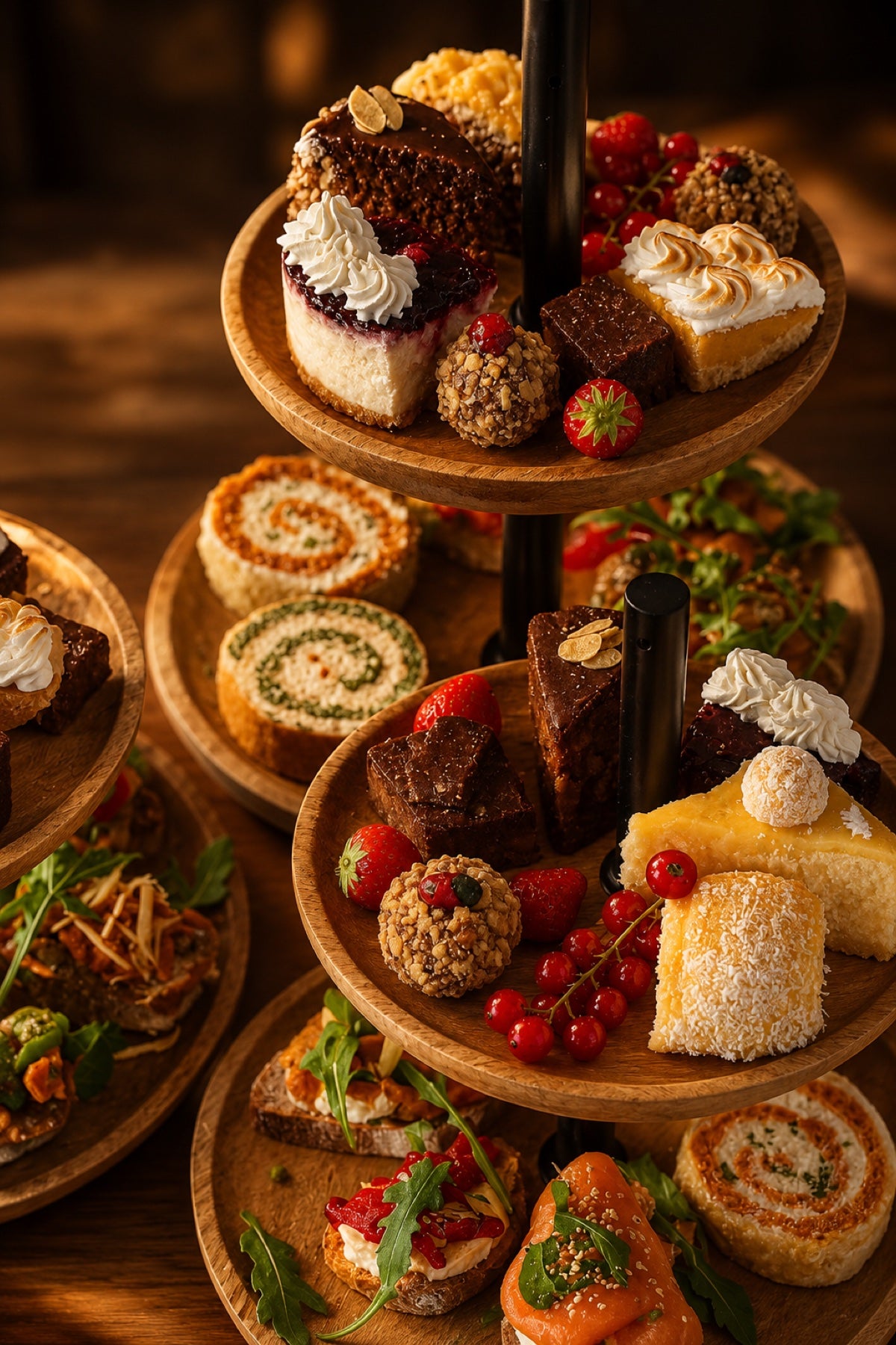 High tea-selectie met patisserie op een etagère