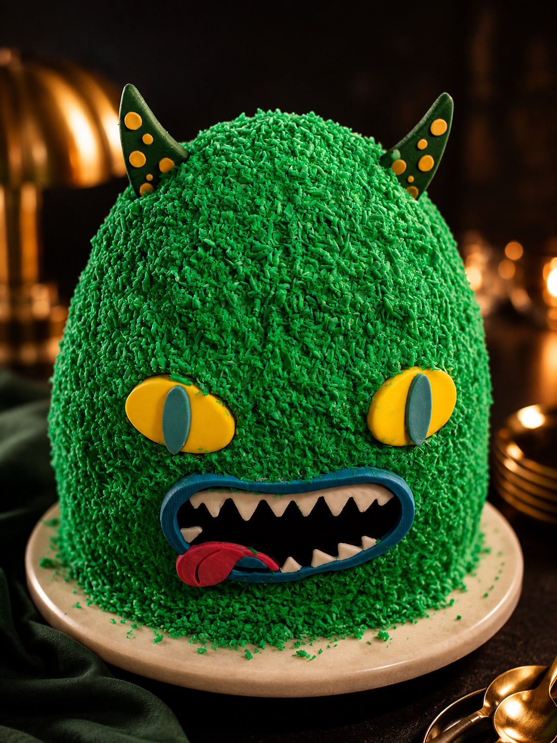 Novelty-verjaardagstaart als groen monsterhoofd met horens en tanden