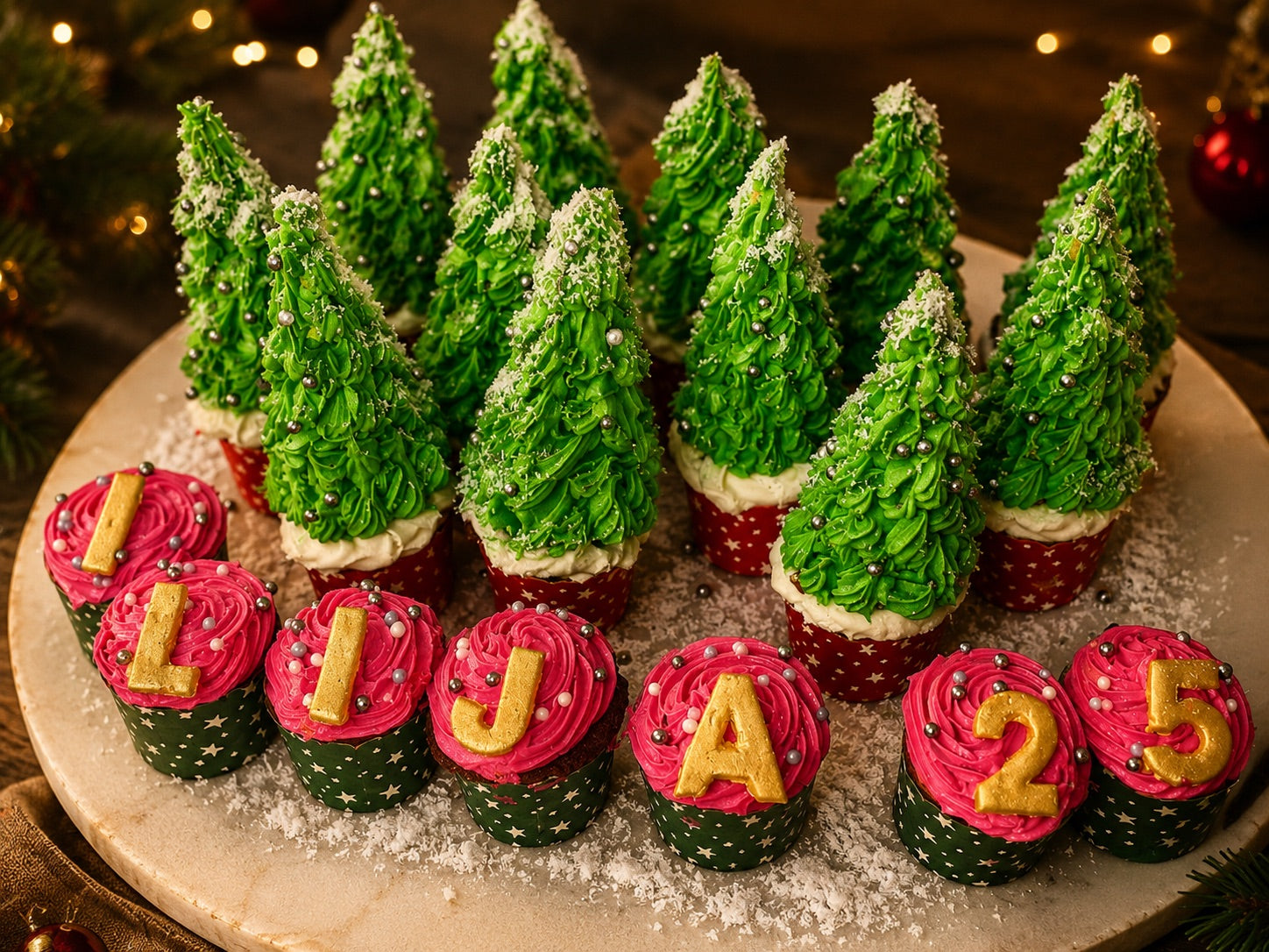 Cupcakes met kerstboompjes en cijfercupcakes