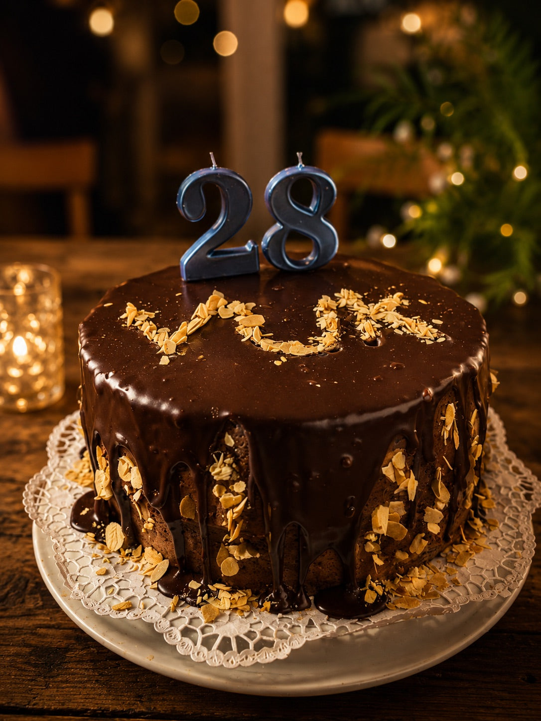 Chocoladetaart met ganache-drip, amandelschaafsel en kaarsjes