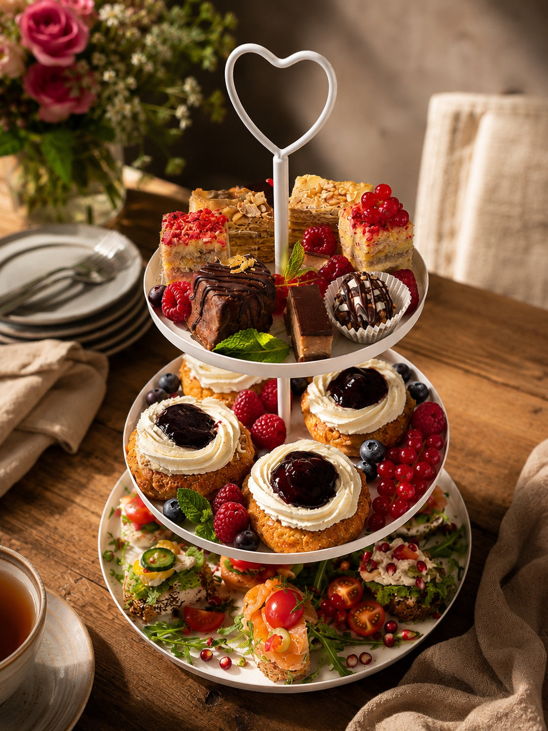 High tea-etagère met petitfours, scones met jam en hartige hapjes